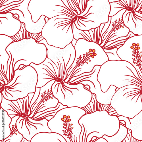 Red and White Hibiscus Seamless Pattern. Hawaiian Aloha Shirt Background.