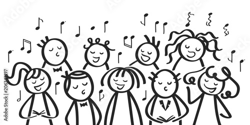 Chor, Gesangsgruppe, Männer und Frauen singen gemeinsam, lustige Strichfiguren singen ein Lied