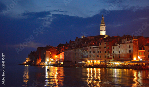 Old town of Rovinj Croatia at night with lights and reflections