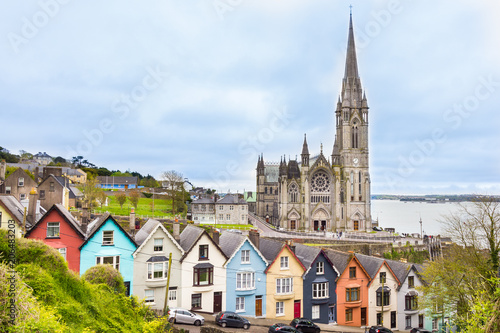 Cathedral and colored houses in Cobh, Ireland