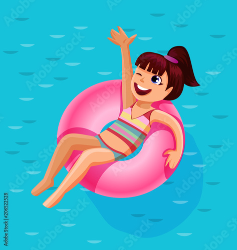 Cheerful cute girl on a colorful ring float in a summer pool,summer vacation concept,vector illustration