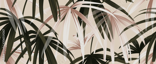 Tropical plant seamless pattern, rose gold and green palm leaves on light pink background