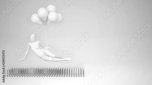 White woman mannequin hanging on balloons levitating on nail trap on blank background, minimal pop art color with copy space, women overcome troubles idea