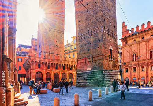 People at Two towers on Piazza Porta Ravegnana Bologna city inItaly