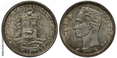 Venezuela Venezuelan silver coin 1 one bolivar 1960, shield with horse, stripes and two horns of plenty on top flanked by plant branches, ribbon below, Bolivar head left, patina,