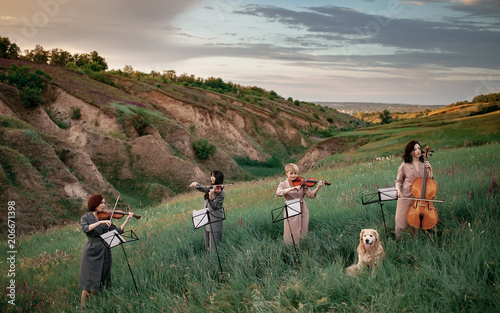 Female musical quartet with three violins and one cello plays on flowering meadow against backdrop of picturesque landscape next to sitting dog.