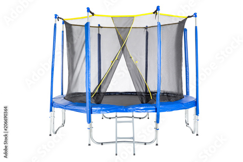 Trampoline for children and adults for fun indoor or outdoor fitness jumping on white background. Blue trampoline Isolated with safety net with Zipper entrance