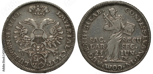 Germany German coin 1 one ducat 1730, coinage in silver, City of Lubeck, 200th Anniversary of Augsburg confession, eagle with two heads, shield below, crown on top, man with book and cross,