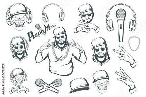 Rap music set. Rapper skull on white background. Lettering with a microphone. Vector graphics to design.