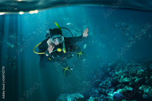 Diver in wetsuit and diving gear, underwater view