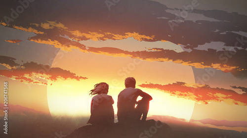 silhouette of a young couple sitting on a rock looking at the sunset, digital art style, illustration painting