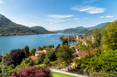 Landscape of Lake Orta from above of Omegna, located in the province of Verbano-Cusio-Ossola, Piedmont, Italy