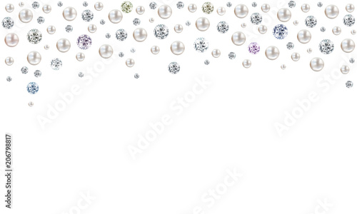 Diamonds and pearls raining from top on white background