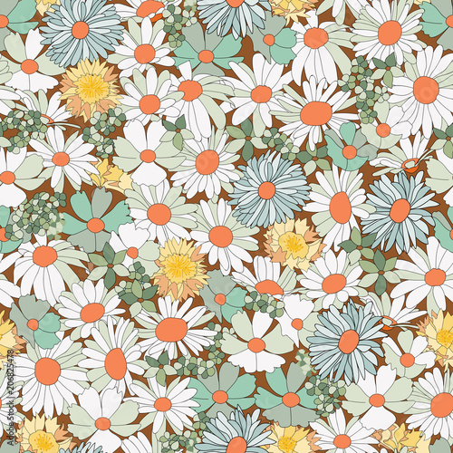 Floral seamless pattern with wild flowers. Illustration in vintage style for decoration fabrics, textiles, paper, wallpaper. chamomile, cornflower, cosme.