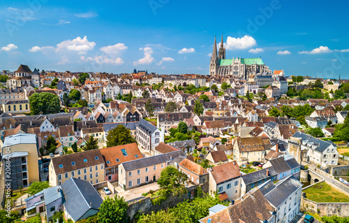 Aerial view of Chartres city with the Cathedral. A UNESCO world heritage site in Eure-et-Loir, France
