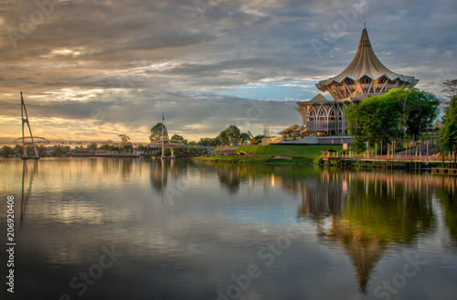 Waterfront at Kuching Borneo in Malaysia at twilight along the Sarawak River