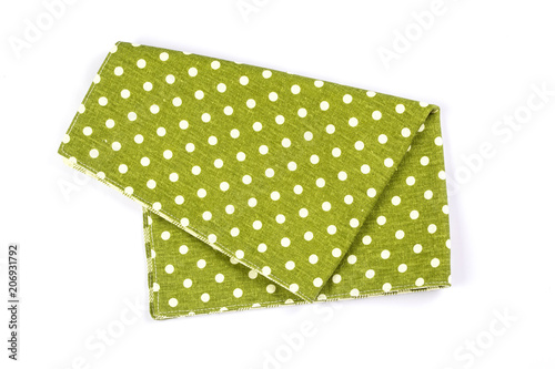 green polka dot checkered napkin table clothes on white background.