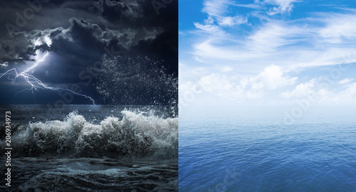 stormy and calm sea or ocean surface