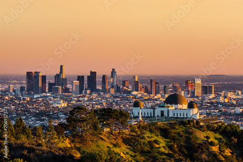 Los Angeles skyscrapers and Griffith Observatory at sunset