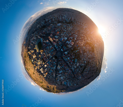Little planet panorama of the city of La Paz during sunset. Bolivia