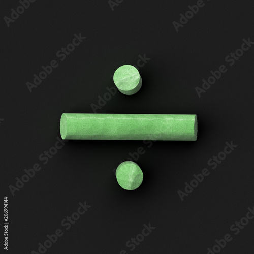 Green sidewalk or blackboard chalks assembled like mathematical operation division or obelus symbol on rough blackboard, 3D rendered