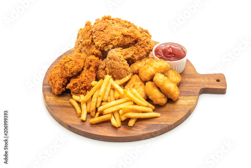 fried chicken with french fries and nuggets meal (junk food and unhealthy food)
