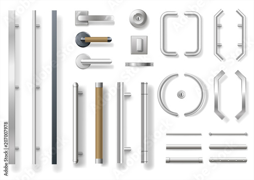 Set of modern door handles for doors or windows. Architectural details and accessories. Vector graphics