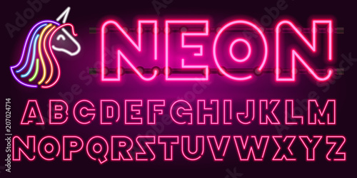80 s purple neon retro font and unicorn. Futuristic chrome letters. Bright Alphabet on dark background. Light Symbols types. Sign for night show in club. concept of galaxy space. Outlined version.