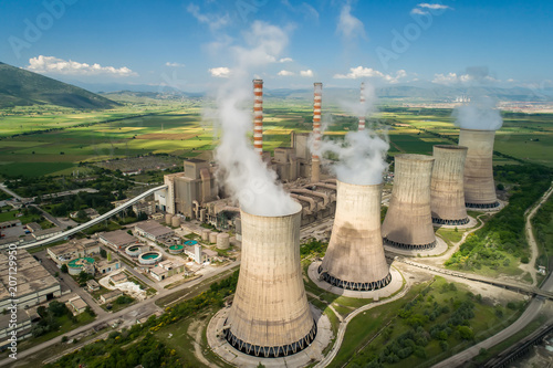 Aerial view the plant producing electrical energy with large pipes at Kozani in northern Greece.