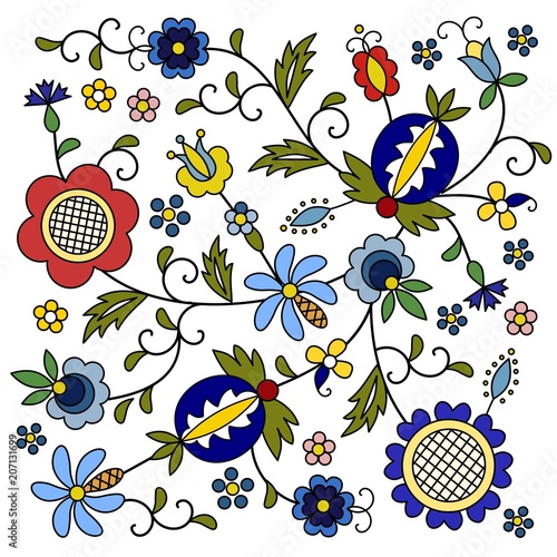 Traditional, modern Polish - Kashubian floral folk decoration vector, wzory kaszubskie, kaszubski wzór, haft