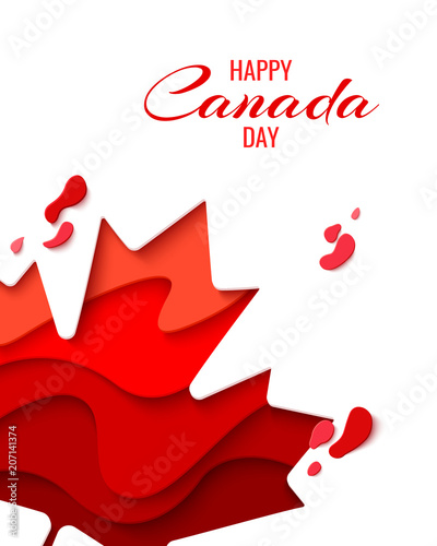 Happy Canada Day vector holiday background with red paper cut canada maple leaf. 1th of July celebration paper craft banner