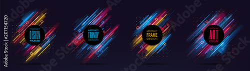 Vector modern frames with dynamic neon glowing lines isolated on black background. Art graphics with glitch effect. Design element for business cards, gift cards, invitations, flyers, brochures.