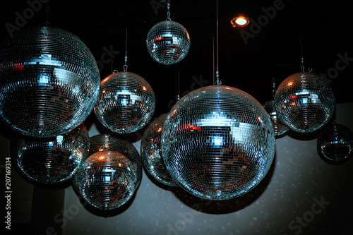 Disco balls in a nightclub room