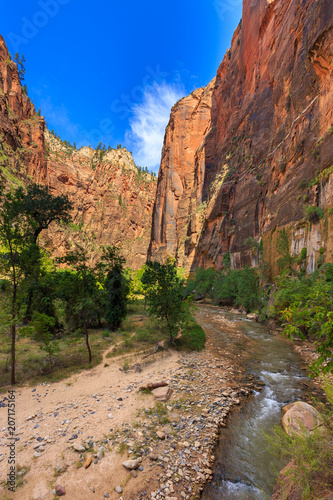 Entrance to beautiful the Virgin River Narrows canyon in Zion National Park, Utah.