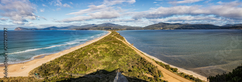 The spit lookout of the Bruny Island Neck view which shows the isthmus connecting the North and South of Bruny Island, southern Tasmania, panoramic photograph.