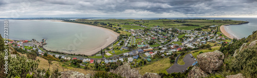 Panoramic view of Stanley, an small fihing town in north west Tasmania as seen from the Nut.