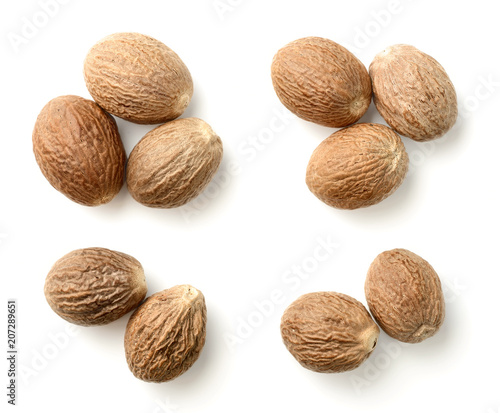 nutmeg spice isolated on white, top view