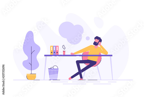 Business man is relaxing and dreaming about something at his work place. Modern office interior. Business concept. Vector illustration.