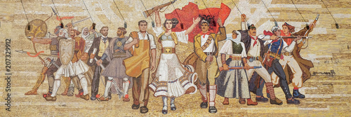 Mosaic above the National History Museum featuring Socialist propaganda and heroic revolutionary, Tirana, Albania.