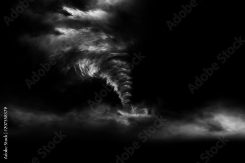 3D rendering A large storm produced a Tornado isolated on black background. 3D Illustration.