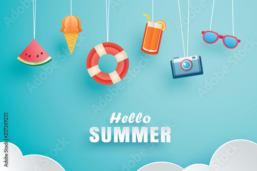 Hello summer with decoration origami hanging on the sky background. Paper art and craft style. Vector illustration of life ring, ice cream, camera, watermelon, sunglass, orange juice.