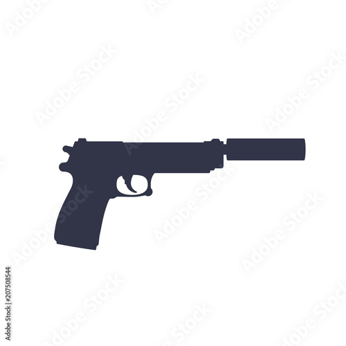 pistol with silencer, vector silhouette isolated on white