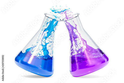 Chemistry of love concept. Set of flasks with pink and blue liquid, 3D rendering
