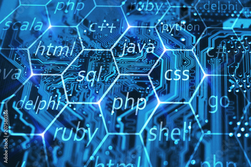 Programming language and development of applications concept on blue integrated circuit. Training courses of php, sql, html, css and other disciplines.