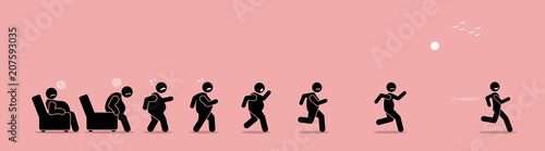 Fat man getting up, running, and become thin transformation. Vector artwork concept shows a stage by stage of an obese man turning himself into a healthy body by running. 