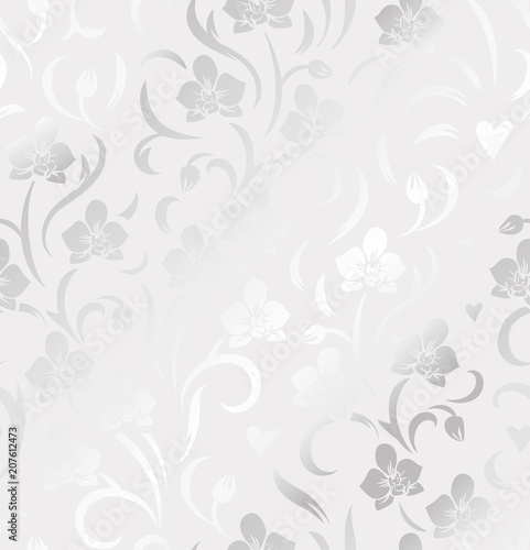 Seamless floral silver pattern with orchids. Decorative vector foiled background.