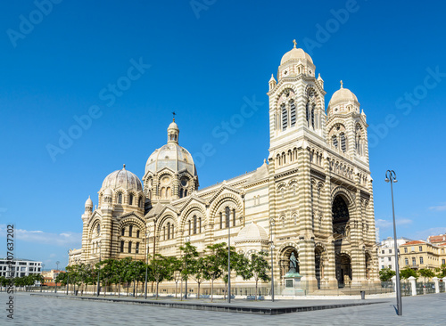 General view of the cathedral of Marseille, Sainte-Marie-Majeure, also known as La Major, a neo-byzantine style catholic building achieved in 1893 in the district of La Joliette.