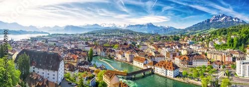 Historic city center of Lucerne with famous Chapel Bridge and lake Lucerne (Vierwaldstattersee), Canton of Luzern, Switzerland