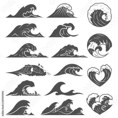 Ocean waves collection. Sea storm wave isolated. Waves, water elements set. Nature wave water storm linear style illustration