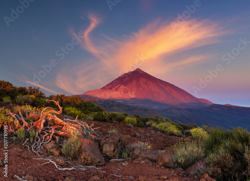 Teide volcano in Tenerife in the light of the rising sun.